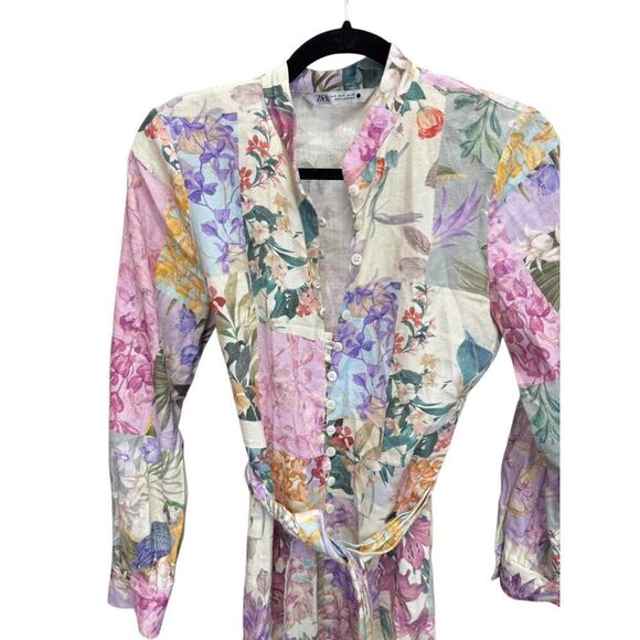 ZARA Floral Patchwork Linen Blend Long Sleeve Mini Dress Small 2725/119/330 - Picture 10 of 16